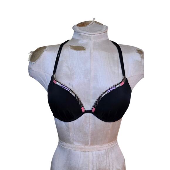 Victoria Secret 32C Women's Bikini‎ Top Black/Gold Beads Underwire Push-up Ties - Picture 1 of 5